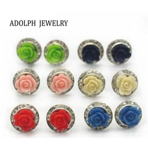 ADOLPH Jewelry Wholesale 2016 New Design Fashion Earrings For Woman Resin Rose Rhinestone Stud Earring Best Gift Hot Sale