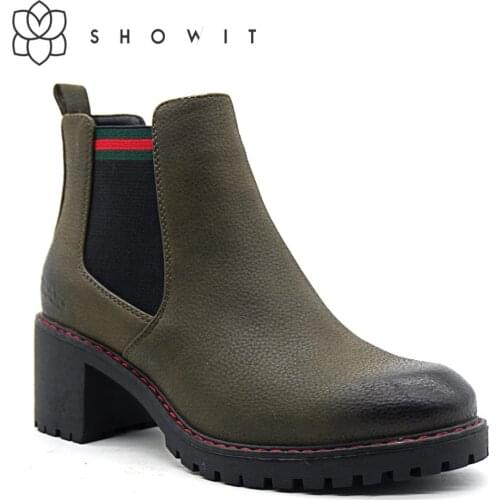 Boots women Chelsea style women footwear with color sewing Mid heel Ankle Classic shoes women With popular elastic low platform