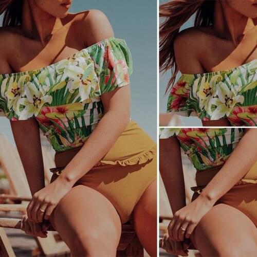 Womens One Shoulder Swimsuit Ruffled High Waist Split Printed Swimsuit Green