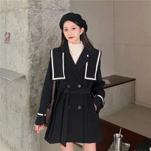 Bella New Women Sailor Collar Trench Coat 2021 Spring Autumn Korean Belt Waist Windbreaker Outwear Preppy Style Japanese Jackets
