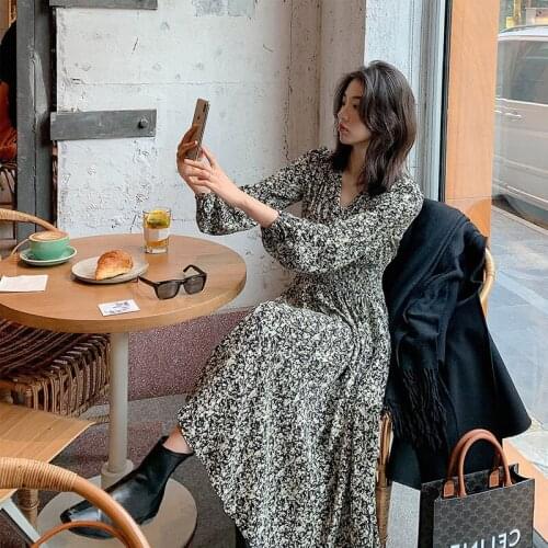 YING XI 2020 New Spring Broken Flower Dress V-neck Long Dress Zipper Waist-controlled vestido