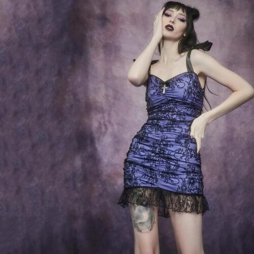 Purple Lace Sexy V Neck Dress Gothic Lolita Elegant Strap Dresses High Waist Pleated Dress Ladies Nightclub Partyen Dress Summer