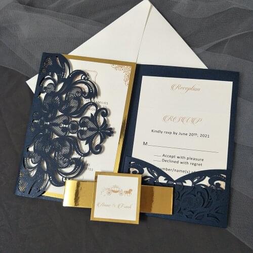 50 Pieces/Lot) Navy Wedding Invitation With Personalized Print Insert Gold Metalic Backing DIY Laser Cut Cards For Anniversary