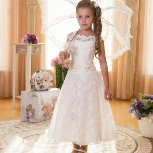White Flower Girl Dresses O-Neck Princess Sleeveless Lace Applique Tulle Ball Gown Girl First Holy Communion Prom Dresses