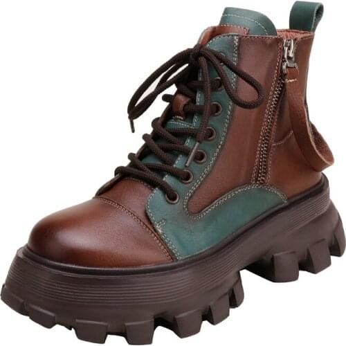 Retro Color Block Ankle Martin Boots For Woman Punk New Lace-Up Thick-Soled Leather Female Short Boots Fashion High Heels Shoes