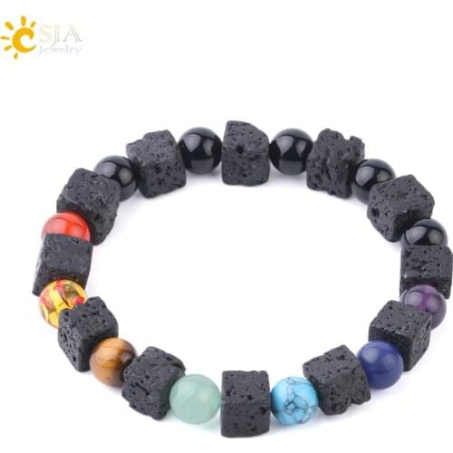 CSJA Square-shape Natural Lava Bracelets for Men Mixed Black Onyx 7 Chakra Beads 8mm Volcanic Stone Energy Bracelet Jewelry F698