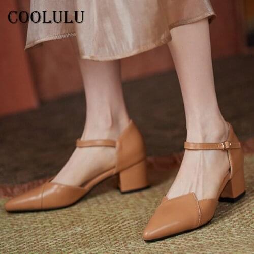 COOLULU 2021 Spring Two Piece Shoes Women Med Heels Buckle Chunky Heel Pumps Pointed Toe Ladies Dress Footwear Beige Big Size 43