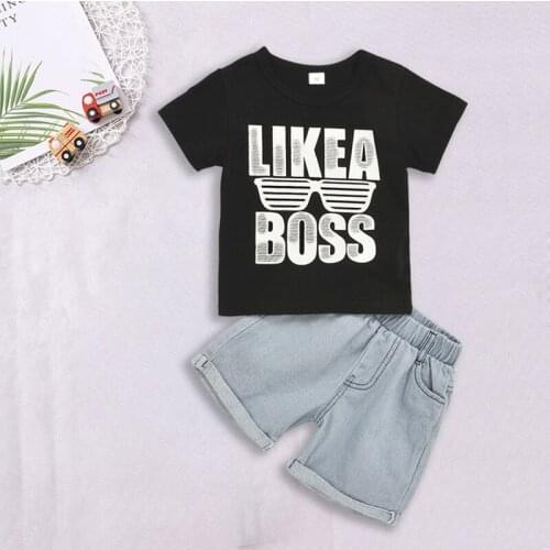 2020 childrens clothing summer new middle and small children round neck boss letters short-sleeved denim shorts T-shirt set