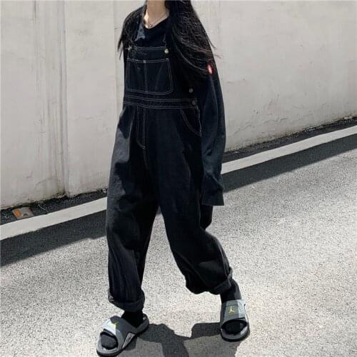 Korean Women Denim Jumpsuit Japanese Vintage Loose Black Jumpsuit Oversized Wide Leg Overalls For Women