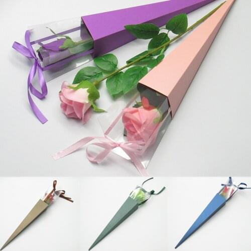 Fashion Single Flower Rose Box PVC Triangular Box Bouquet Wrapping Paper Plastic Paper Bags Boxes Cases For Flowers Gifts Packag
