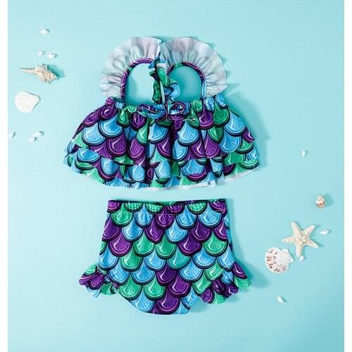 Summer Toddler Kid Girl Vest Ruffle Fish Fish Scales Swimwear+swimming Trunks Two-piece Set Baby Swimwear For Girls Купальник