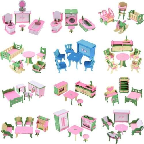 Simulation Miniature Wooden Furniture Toys DIY Dolls Kids Baby Room Play Toy Furniture DollHouse Wood Furniture Set For Dolls