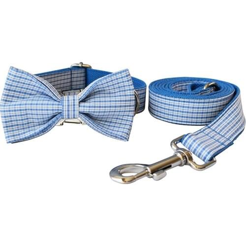 Fashion Collar for Dogs Blue Plaid Cute Bow Tie Dog Collar Leash Set Custom Name Engraved Pet Gift Collar for Chihuahua Yorkies
