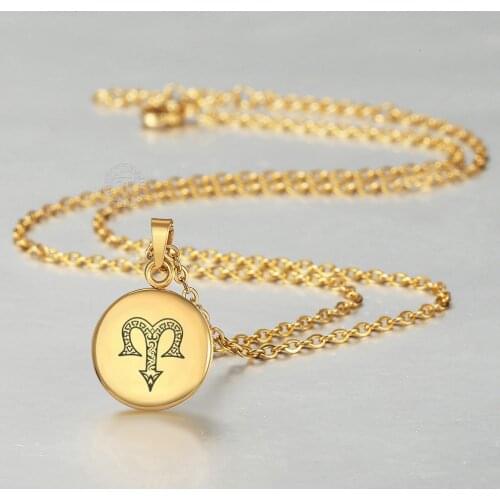 Coin Horoscope Pendant Necklace for Women Men Zodiac Sign 12 Constellation Round Charm Pendant Choker Rolo Chain DKP666