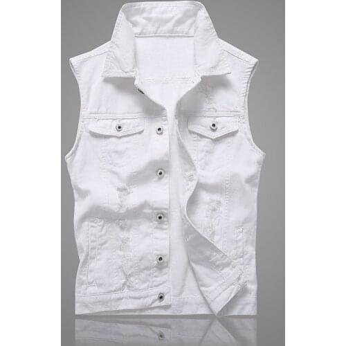 2021 Mens New Slim Teen White Denim Vest Denim Vest Lapel Hole