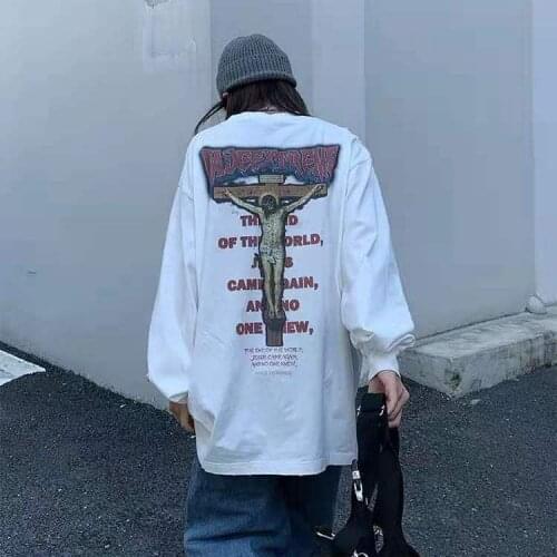 2021 new style cotton women loose bottoming shirt washed and made old cross print long-sleeved T-shirt sweatshirt women goth