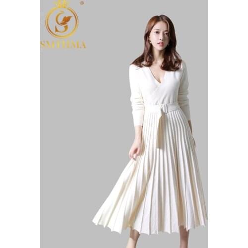 New Fashion Runway Women Knitted Pleated Dress Winter Long Sleeve Thick Sweater Dress Casual Sexy V Neck Dress Vestidos