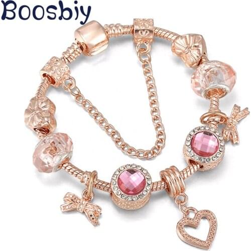 New Design Heart Bowknot Charms Pendants Fits Rose Gold Color Snake Chain Charm Bracelet DIY Romantic Brand Gift For Women