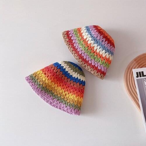 Retro Cute Childrens Cap Rainbow Bucket Hat Kid Sun Protection Caps Girl Summer Hat Boy Beach Hat Foldable Sun Hats Straw Hat