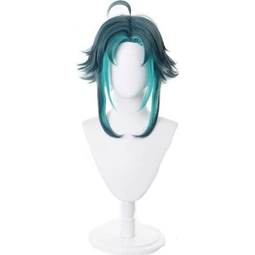 Genshin Impact Xiao Cosplay Men 40cm Green Mixed Wig Cosplay Anime Cosplay Wigs Heat Resistant Synthetic Wigs Halloween