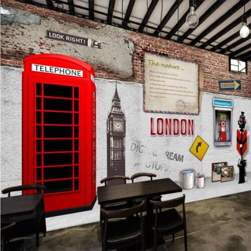 British Style Retro Nostalgia London Red Phone Booth Brick Wallpaper Cafe Restaurant Industrial Decor Background Wall Paper 3D