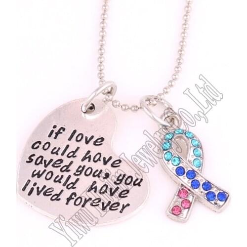 "if love could have saved you,you would have lived forever" heart pendant and Multi-color crystals Ribbon romantic necklace
