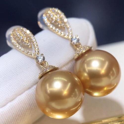 D801 Pearl Earrings Fine Jewelry Solid 18K Gold Round 11-12mm Sea Water Golden Pearls Drop Earrings
