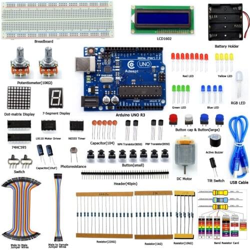 Adeept Super Starter Kit for Arduino UNO R3, LCD1602, Breadboad, DC Motor, Starter/Beginner Kit for Arduino with User Manual/Gui