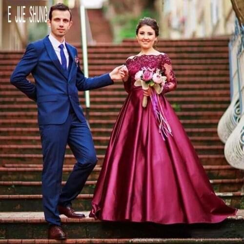 E JUE SHUNG Burgundy Stain Wedding Dresses Off Shoulder Beaded Full Lace Wedding Gowns Bridal Gown robe de mariee