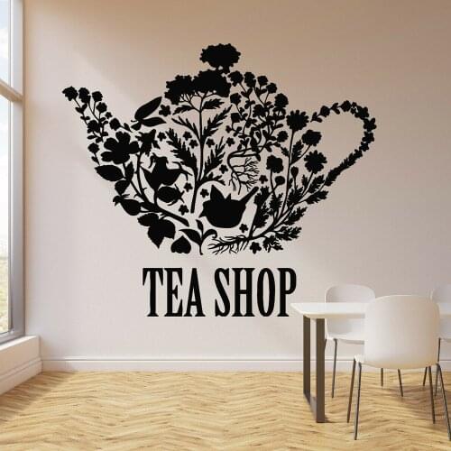 Vinyl Wall Decal Tea Shop Teapot Floral Patterns Kitchen Decor Stickers Kitchen Coffee Cartoon Pattern Decor Cafe Bakery Decor