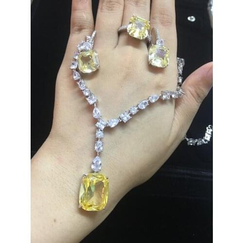 Luxury brand jewelry Brilliant Cubic Zircon yellow stone Necklace Earrings ring Wedding Bridal Jewelry Sets Dress Accessories