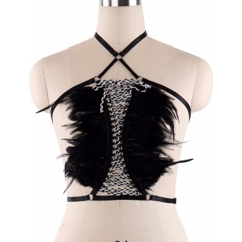 Sexy Gothic Feathers Body Harness Womens Harajuku Exotic Apparel Adjustable Crop Top Bondage Harness Polyester Cage Bra DO0606