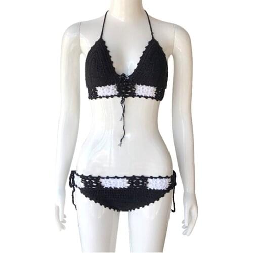 Womens Handmade Crochet Bikini Set High quality Triangle Swimswear Sexy Halter and Lacing-up Bathing suit