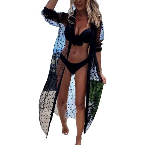 Womans Polka Dot Beach Smock Sexy Lapel Long Sleeve Mesh Perspective Coat Daily Life and Vacation