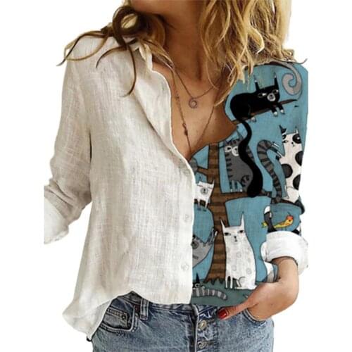 2021 New Fashion Women Buttons Long Sleeve Sunflower Cats Patchwork Blouses Office Shirt Women Tops Ladies Clothing