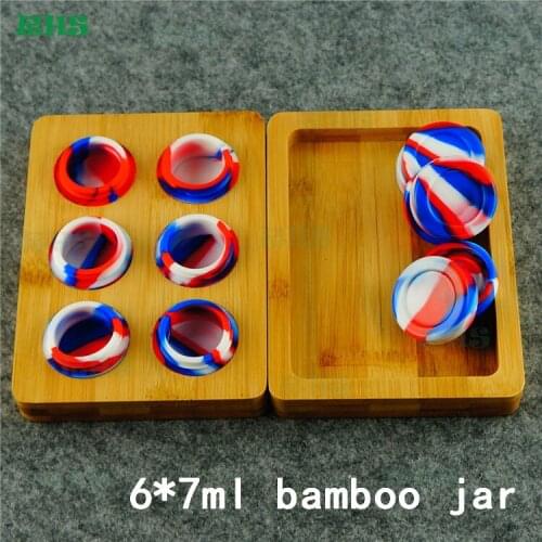 6*7ml Hot Selling Customized Silicone Jars Dab Wax Container, Round Silicone Container with wooden/bamboo tray 2sets