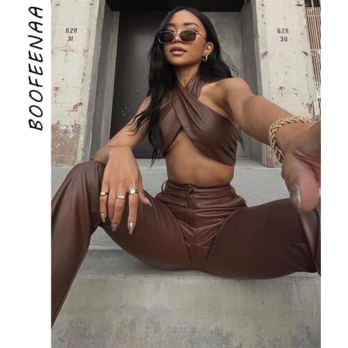 BOOFEENAA Brown PU Leather Sexy Two Piece Set Cross Halter Top and Pants Women Fall Clothing 2021 Matching Sets Clubwear C83EG42