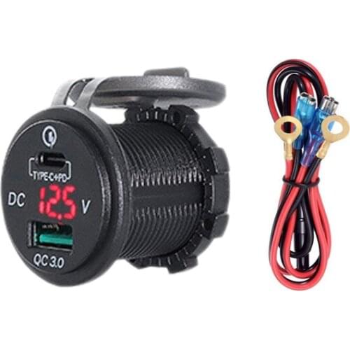 Dual USB Charger Socket Adapter with LED Voltmeter Waterproof Dustproof Cover for 12/24V Car Motorcycle Boat PD Type C+QC 3.0 A