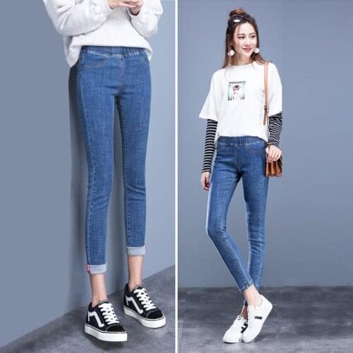 Denim fabric spring jeans women jeans washed pencil jeans high waist pants elastic slim trousers students jeans