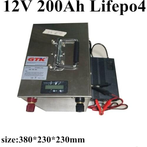 GTK waterproof rechargeable 12V 200Ah Lifepo4 for 1200W Solar storage System Electric Car Motorcycle UPS +20A charger