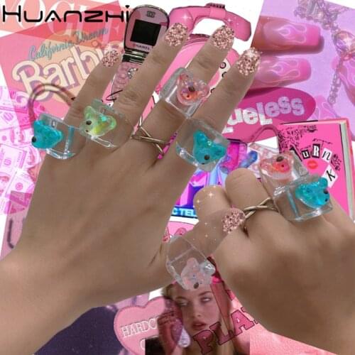 HUANZHI New Korean Lovely Colorful Transparent Bear Acrylic Resin Geometric Square Ring for Women Girls Vacation Jewelry