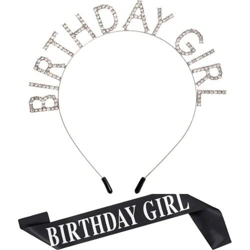 Alloy Rhinestone Birthday Crowns Tiaras Headbands and Sash Set for Women Girls Sweet Princess Hair Band Hair Hoop