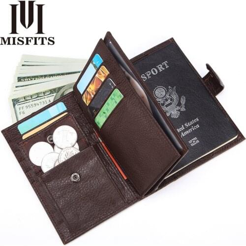 MISFITS Genuine Leather Men Wallet Travel Passport Cover for Male Organizer Large Capacity Passport with Card Holder Coin Purse