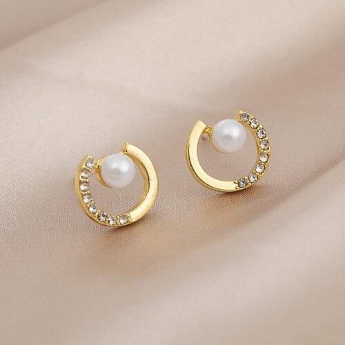 New Jewelry Simulation Pearl Crystal Round Trend Small Temperament Earrings Fashion Personality Earrings Women