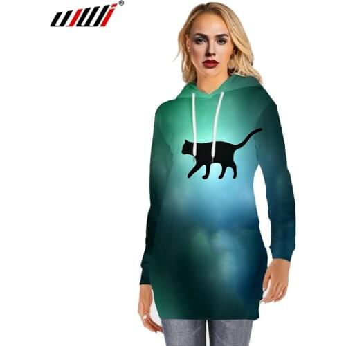 UJWI Casual Loose Long Sleeve Hoodies Women 3D Print Starry cartoon cat Cool Sweatshirt Harajuku colorful Hoodies Dress Female