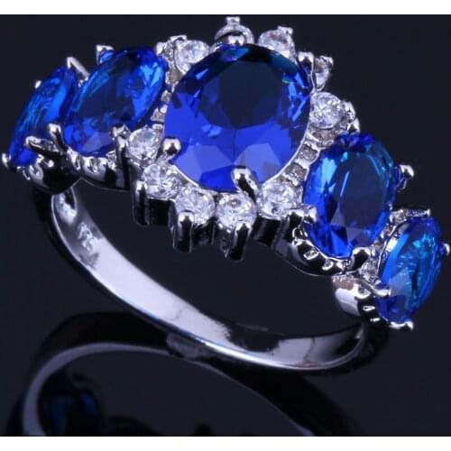 Pleasant Oval Blue Cubic Zirconia White CZ Silver Plated Ring V0410