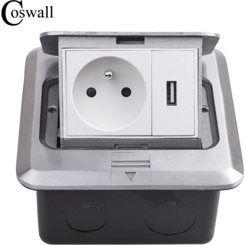Coswall All Aluminum Silver Panel Pop Up Floor Socket 16A French / Polish Standard Power Outlet With USB Charging Port 5V 1A