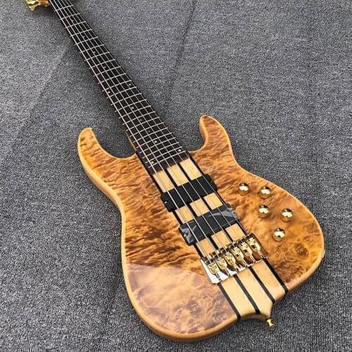 High-grade 6-string electric bass, treetop maple veneer, golden fittings, 5-piece neck, log color paint, bass, postage