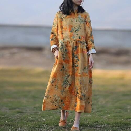 Johnature Women Linen Vintage Button Dresses Print Floral Robes 2021 Spring New Stand Long Sleeve Original Female Loose Dresses