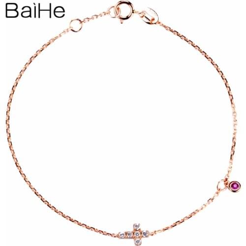 BAIHE Solid 18K Rose Gold 0.09ct H/SI Natural Diamonds Bracelet for Women Classic Fine Jewelry Ruby Bracelet cross браслет
